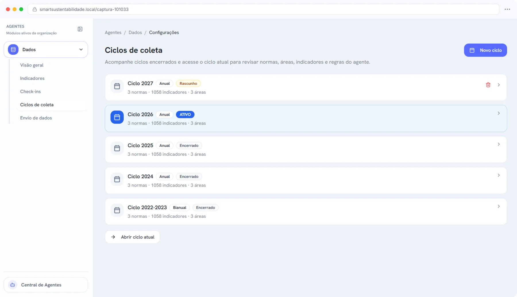 Tela de configuração dos ciclos dos agentes