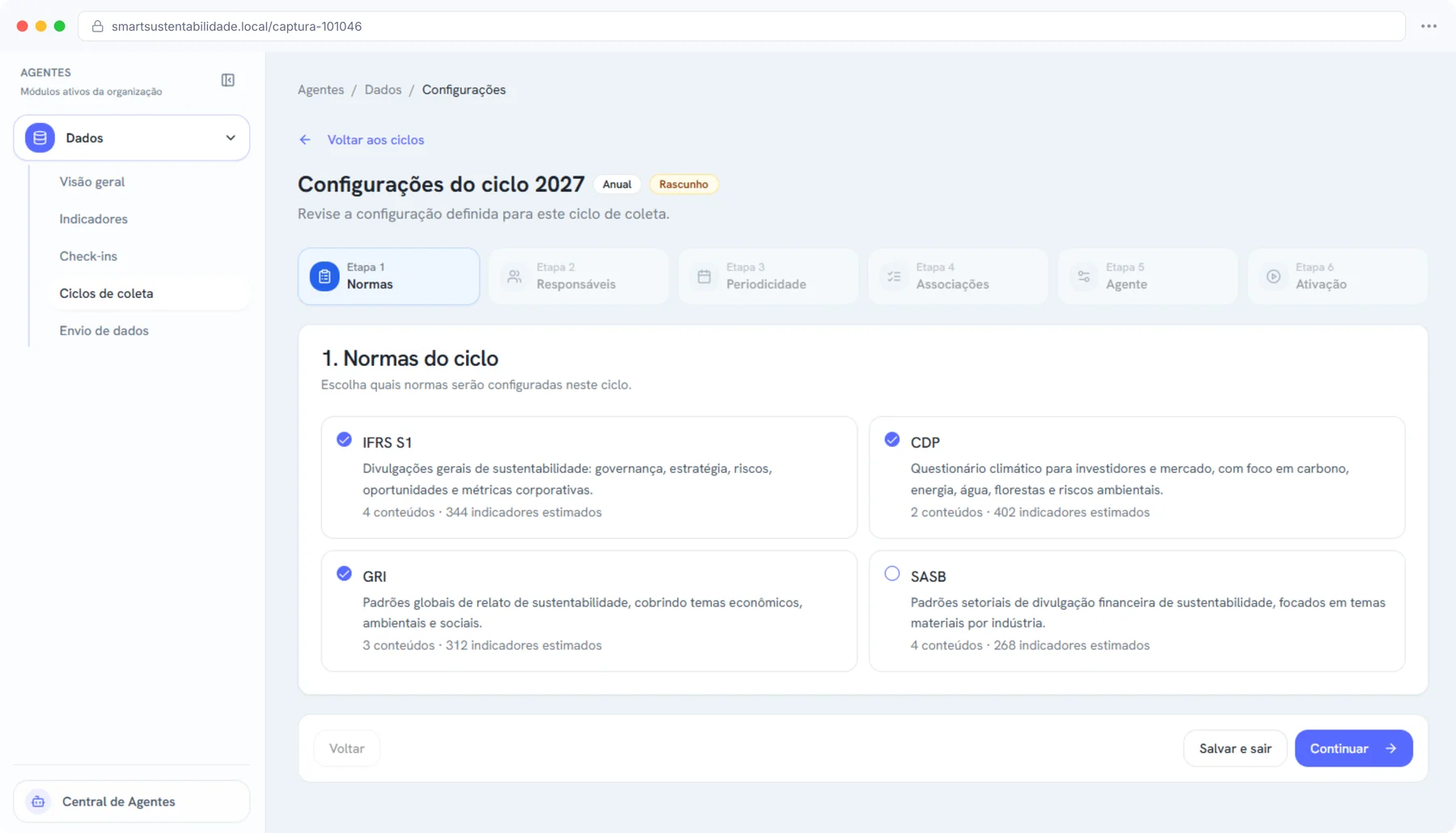 Configuração das fontes de dados